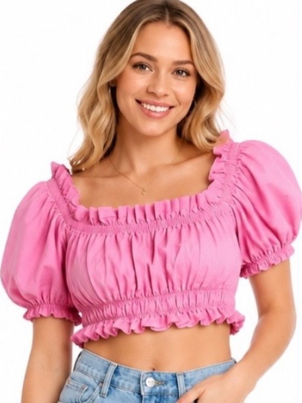 Zara Pink Puff Sleeve Smocked Crop Top Sz S Cottagecore Off Shoulder Boho